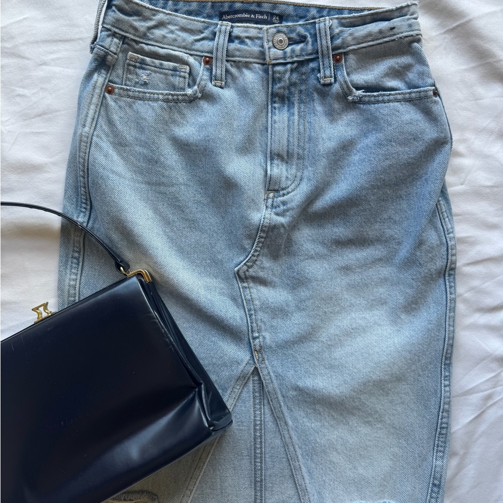 Abercrombie & Fitch Denim Midi Skirt | High Rise | Raw Hem |